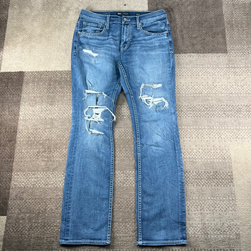 BKE Jake Straight Leg Distressed Blue Denim Jeans Womens Size 33x32 Whiskering